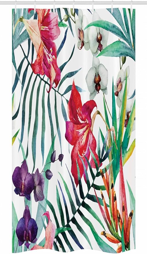 Ambesonne Watercolor Flower Stall Shower Curtain, Tropical Wild Orchid Flowers with Palm Leaves Print Exotic Style Nature, Fabric Bathroom Decor Set with Hooks, 36" W x 72" L, Coral Eggplant White
