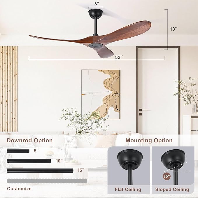 heimo 52 Inch Ceiling Fan No Light, Wood Indoor Outdoor Ceiling Fans Without Lights for Patios Bedroom Living Room Modern Propeller Exterior 3 Blade Wooden Fan with Remote Control(Walnut)
