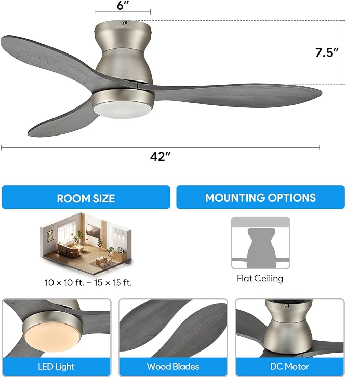VONLUCE Wood Ceiling Fan with Lights, 42 Inch Flush Mount Ceiling Fan and Remote, 6-Speeds Quiet Reversible DC Motor, 3CCT, Natural Wood 3 Blades Outdoor Ceiling Fan for Patios Farmhouse, Nickel