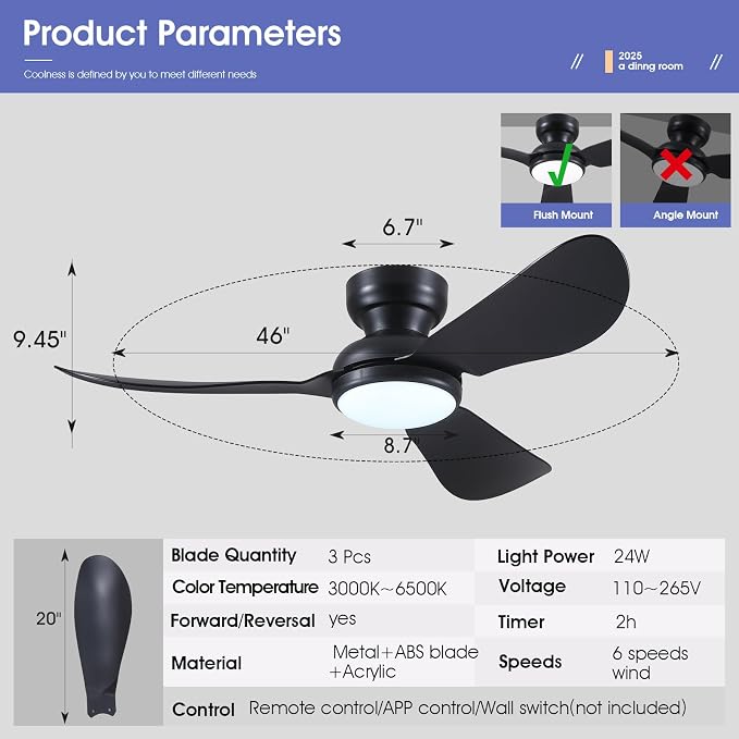 Kviflon 46 Inch Modern Ceiling Fans with Lights, Small Flush Mount Ceiling Fan with Light and Remote/APP Control, 3 Reversible Curved Blades, 6 Speeds, 3 CCT Dimmable Lights for Bedroom, Black