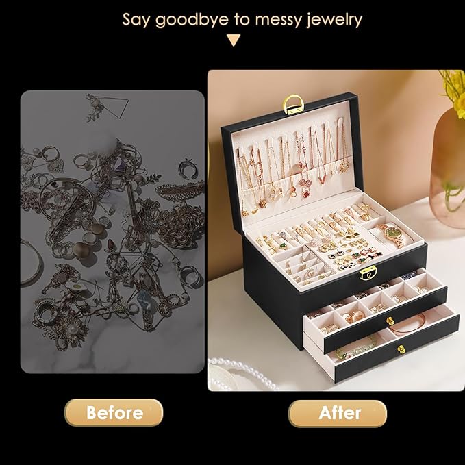 GUOER Jewelry Box for Women Girls, 3 Layers Large Jewelry Organizer (Apricot)