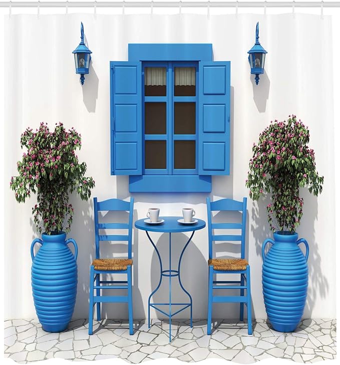 Ambesonne Shower Curtain, Traditional Greek Design Holiday Summer House with Flowers Window Image, Cloth Fabric Bathroom Decor Set with Hooks, 69" W x 84" L, Navy Blue