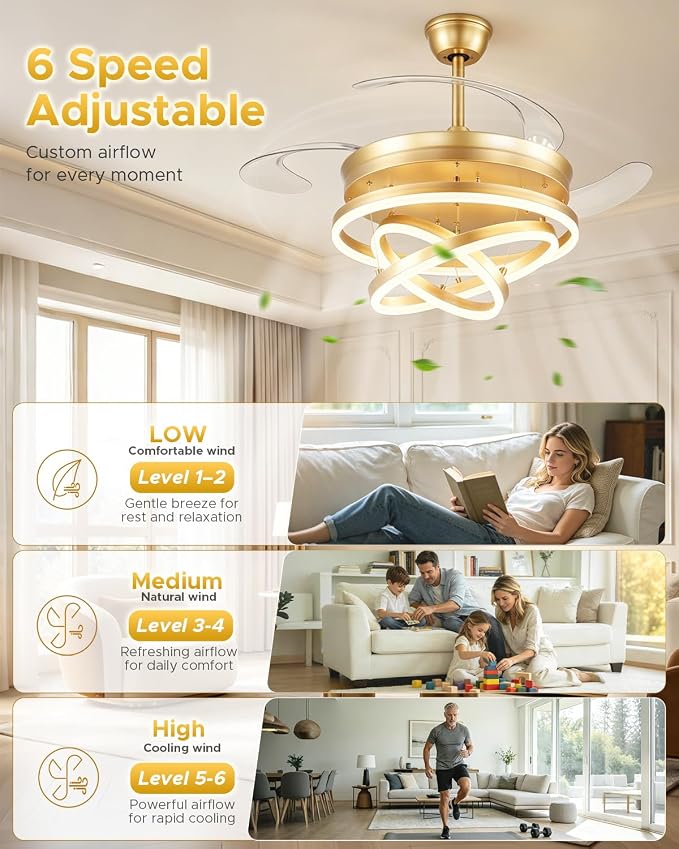 48 Inch Retractable Ceiling Fan with Lights, Gold Fandelier Chandelier Fan with Remote, 6-Speed Silent DC Motor, 3000K-6500K Dimmable LED Light, Modern Ceiling Fan for Bedroom Living Room Dining Room