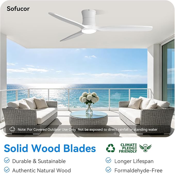 Sofucor 52" Smart Ceiling Fan, Solid Wood Ceiling Fan with Lights and Remote, Flush Mount Ceiling Fan Works with Alexa/Google/App, Dimmable 6-Speed Timing Reversible DC Motor for Bedroom Living Room