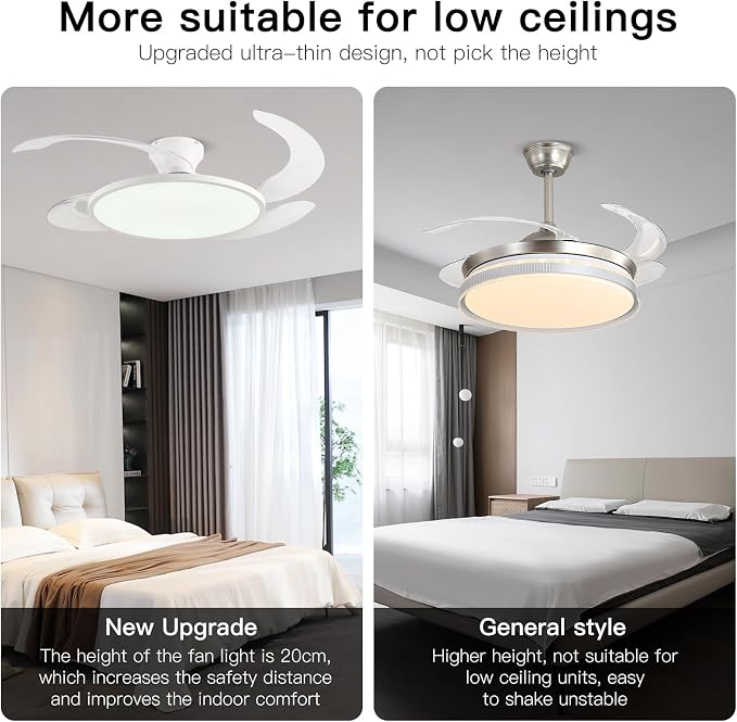 AHAWILL 48'' Retractable Ceiling Fan,Full Spectrum Low Profile Ceiling Fan with Light and Remote,Modern White Fan for Dinning Room Living Room Bedroom,Retractable Blades,Dimmable,Timer Setting