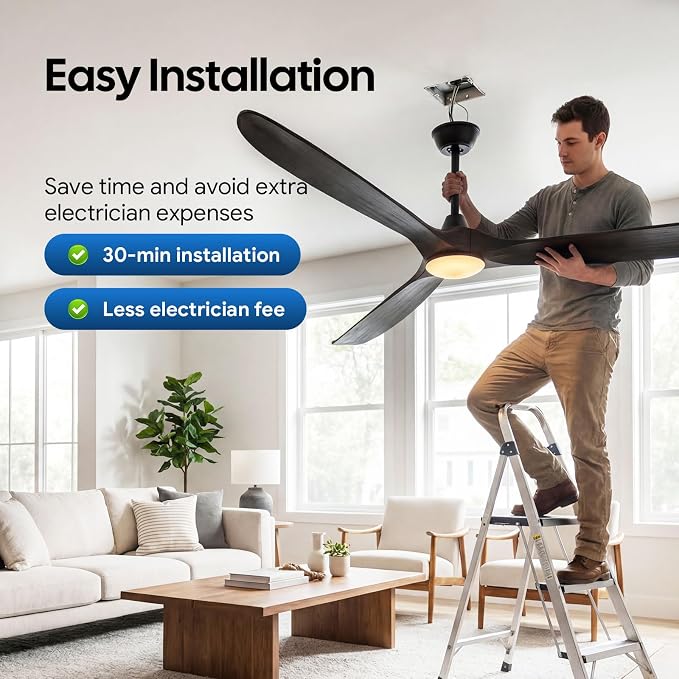 Ceiling Fans with Lights, 82 Inch Extra Large Black Ceiling Fan with Remote, 3 Wood Blades DC Motor, High CFM, Noiseless, Propeller Damp Rated Outdoor Ceiling Fan for Patios, Exterior
