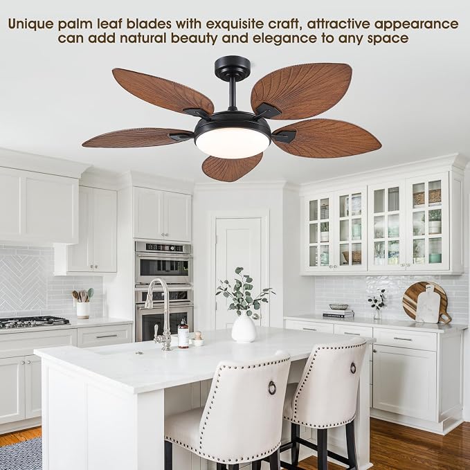 52"Tropical Outdoor Palm Leaf Ceiling Fans with Lights and Remote/APP | 5 Double-Sided Blades, 6 Wind Speeds, Reversible, Dimmable 3CCT LED, 50W Quiet DC Motor,Suits for Living Room Bedroom Patio