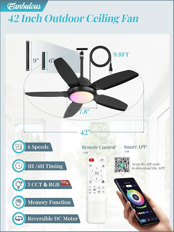 Fanbulous 42" Waterproof Outdoor Ceiling Fan with Light for patio,RGB Black | IP65 Wet Rated, 3CCT Dimmable Light,Remote Control,6-Speed DC Motor, Plug-in Cord, Hanging Hook for Gazebo, Porch, Pergola.