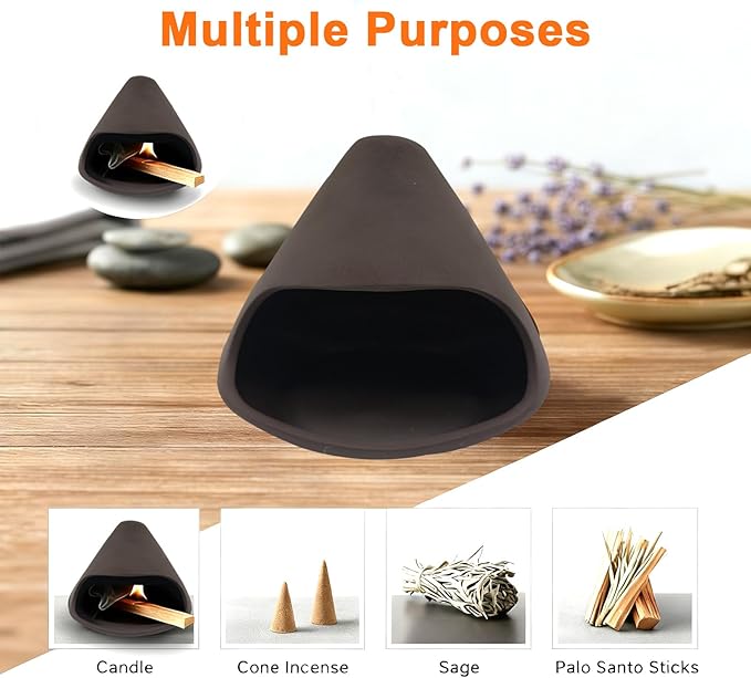 Ceramic Palo Santo Holder Incense Burner Aromatherapy Stove Mountain Fireplace Aromatherapy Stove Sage Cedar Peru Sacred Wood Cone Fireplace for Home Decor（ Purple Clay Black）