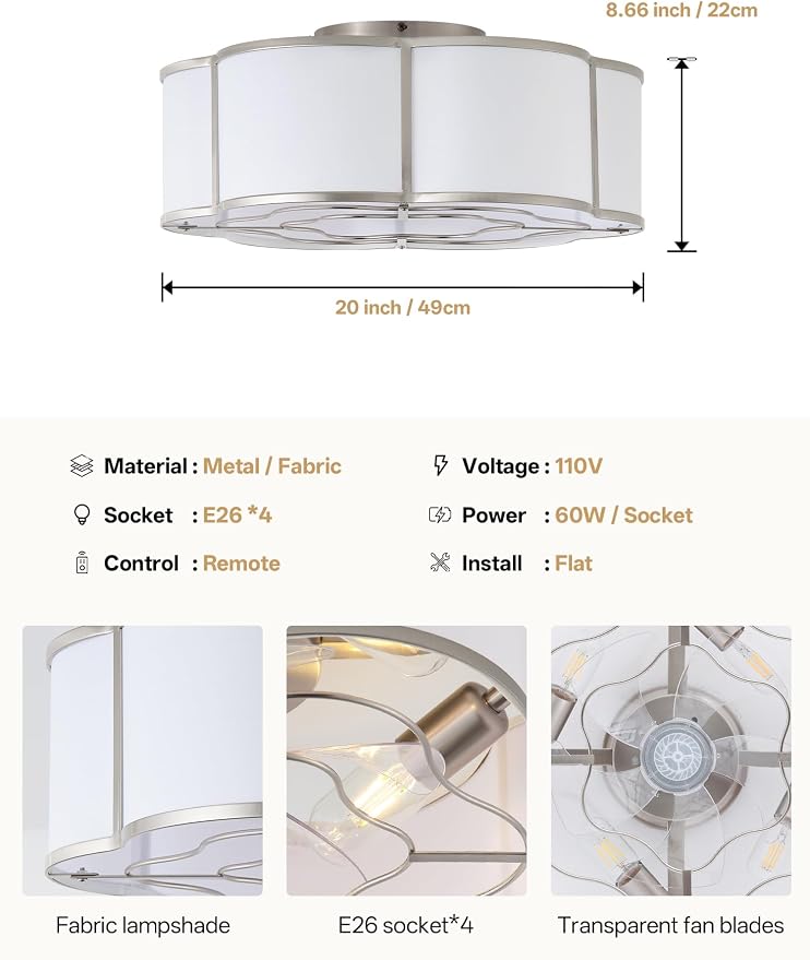 20" Boho Ceiling Fan with Lights Flush Mount, Silver Enclosed Ceiling Fans with Lights Remote Control, Caged with 6 Speeds for Bedroom, Living Room, Nursery