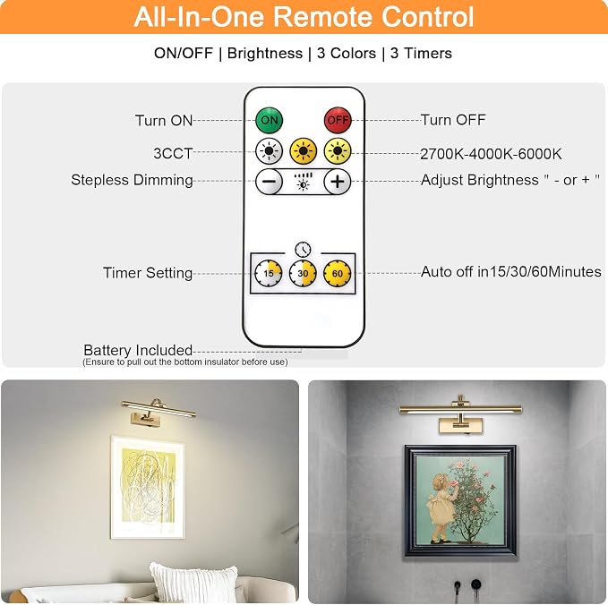 Tassuowell Wireless Picture Lights for Wall Rechargeable, Battery Operated Art Light for Paintings, 3CCT Dimmable, 15.7" Brass Finish with Remote, Rotatable Gallery Light for Pictures Display