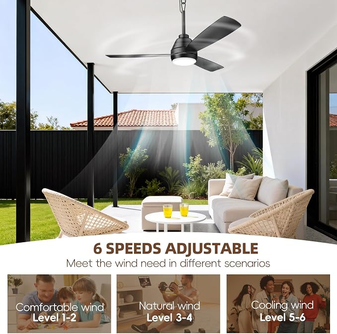 PBLALA 42" Outdoor Ceiling Fans with Lights,Plug in Ceiling Fan Light,Gazebo Fan Light,Hanging with Hook,45W,3CCT,App&Remote Control,6-Speeds,DC Motor,Portable Fan for Patios,Pergola