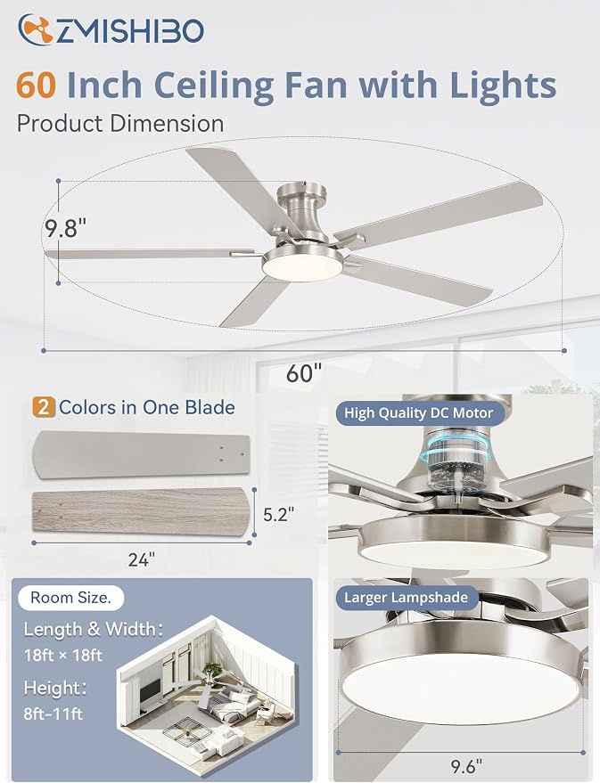 ZMISHIBO 60 Inch Flush Mount Ceiling Fan with Light, Remote&APP, Nickel | 6-Speed Quiet DC Motor, Dimmable 24W LED with 3CCT (3000K-6500K), Modern Low Profile for Living Room, Bedroom, Kitchen