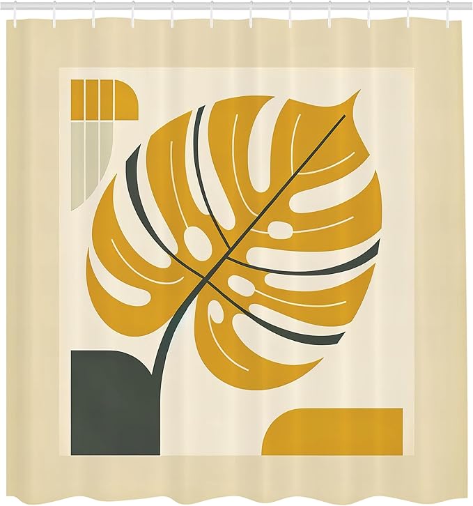 Ambesonne Yellow Shower Curtain, Abstract Modern Monstera Leaf Paint with Geometric Shapes and Frame Like, Cloth Fabric Bathroom Decor Set with Hooks, 69" W x 84" L, Orange Dimgray Beige