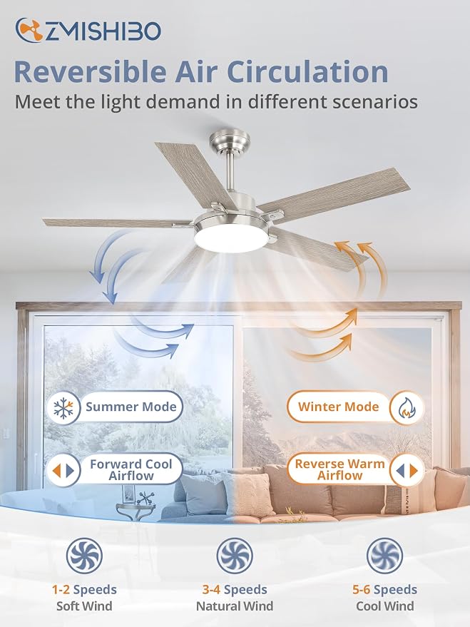 ZMISHIBO 52 Inch Ceiling Fans with Lights, Smart Remote/APP Control, Modern Ceiling Fan with 6 Speeds & 3CCT, Dimmable 30W LED, Quiet DC Motor, Noiseless for Living Room, Bedroom, Kitchen, Nickel