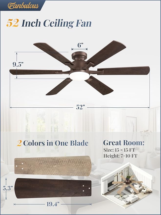 Fanbulous 52 Inch Ceiling Fan with Lights, APP & Remote Control, Flush Mount Low Profile Bronze Ceiling Fan, 3000-6000K Dimmable LED, Quiet Reversible Motor, 6 Blades, 6 Speeds,for Bedroom Living Room