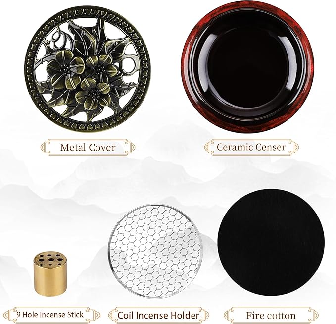 Ceramic Incense Burner Holder Set – 9 Hole Incense Stick Holder with Coil Incense Holder & Burner Tray – Multi-Function Censer for Cones, Coil Incense, and Stick Incense (Fambe Red)