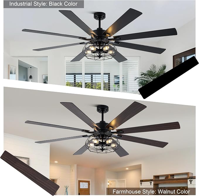 72" Farmhouse Ceiling Fan with Light Industrial Caged Ceiling Fan | Large Rustic Fandelier, Black Metal Chandelier Light for Living Room Covered Outdoor, 5 E26 Bulbs (Not Included), 6 Speeds