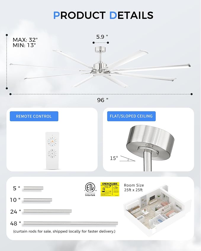 96 Inch Industrial Ceiling Fan Without Light, Brushed Nickel Outdoor Model for Covered Areas, 8 Aluminum Blades, Powerful Airflow, Modern No-Light Design, CF04NBN-96