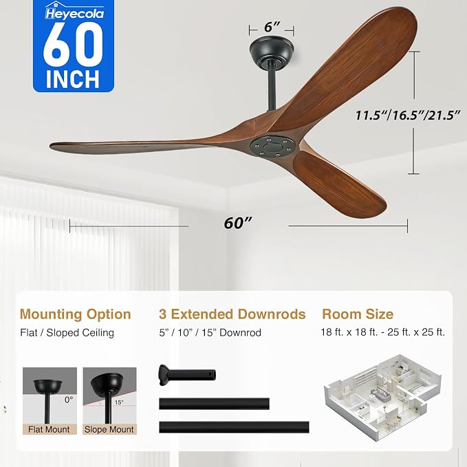60 Inch Wood Ceiling Fan No Light, 60'' Indoor Outdoor Ceiling Fan without Lights with Remote,High CFM,6 Speeds,3-Blade Reversible ETL DC Motor Fan for Covered Patio Porch Bedroom Living Room, Walnut