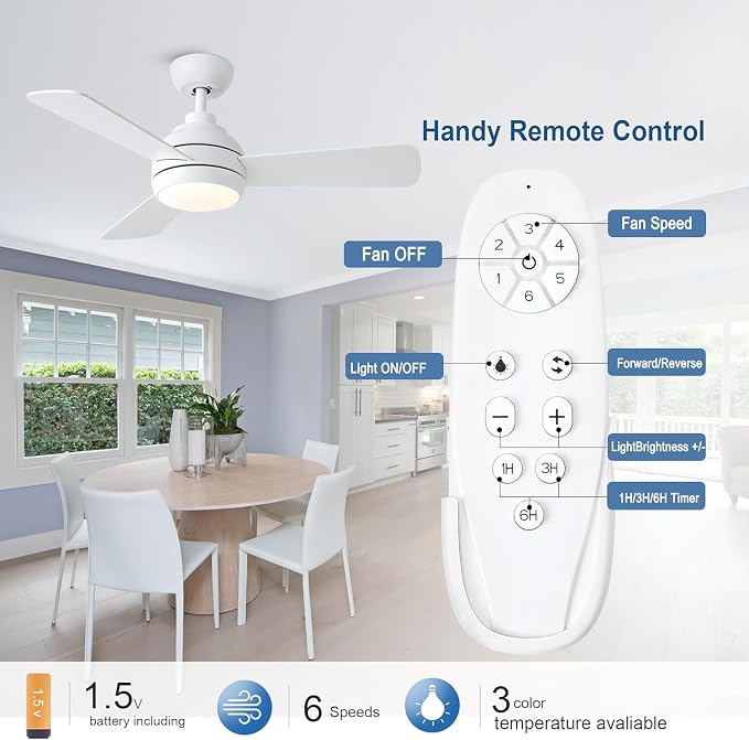 42 Inch Downrod Ceiling Fan with Light, 3 Wood Blades, White | Remote Control,Reversible Quiet DC Motor,Wood Blades,6-Speed,3CCT Dimmable LED for Bedroom,Living Room