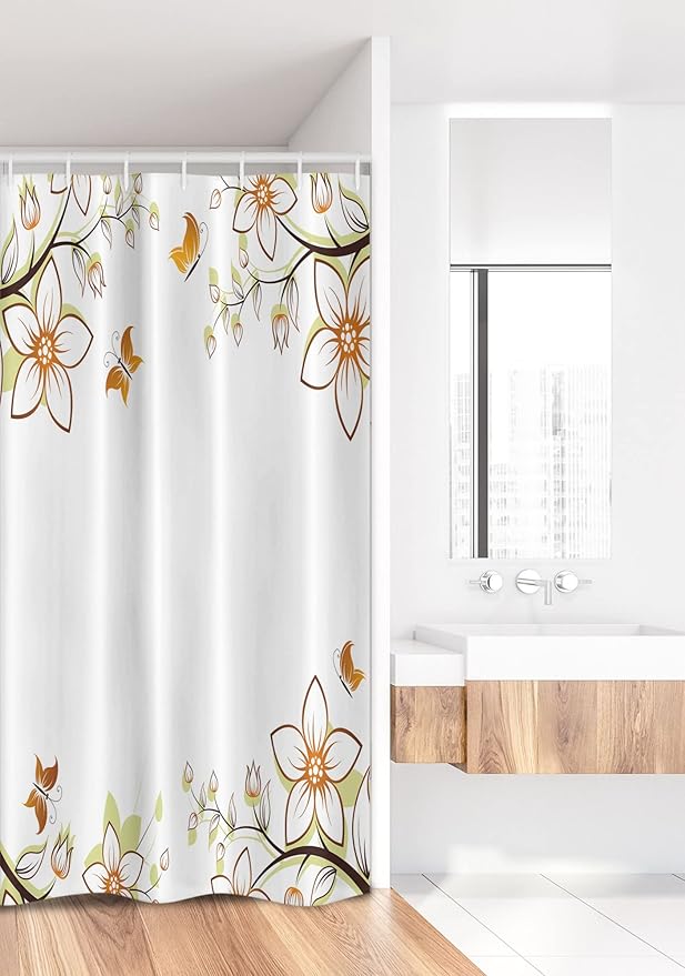 Ambesonne Floral Stall Shower Curtain, Flowers Leaves Branches Buds Butterflies Frame Like Image Print, Fabric Bathroom Decor Set with Hooks, 36" W x 72" L, Pale Green Pale Brown