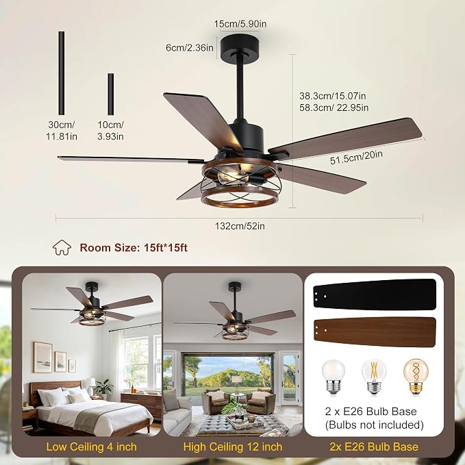 Qcyuui Farmhouse Ceiling Fan with Light 52 Inch Ceiling Fan with Light, Quiet 6-Speed Reversible DC Motor, Dual Finish 5 Blades, Rustic Caged Fandelier Ceiling Fan with Light for Living Room
