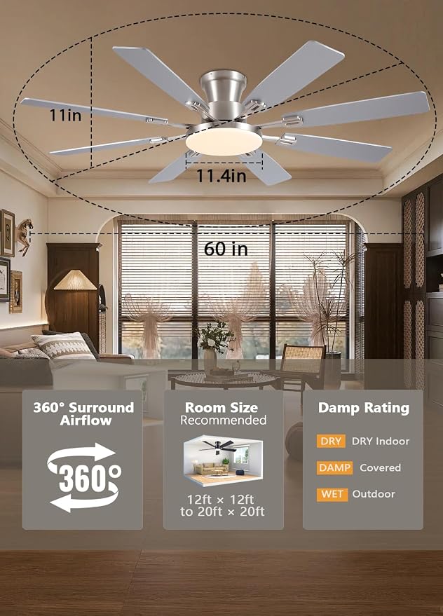 JSAITEE 60Inch Ceiling Fan with Lights Large Low Profile Flush Mount Nickel | Ceiling Fans,DC Reversible Motor Noiseless, 3CCT Dimmable, Dual Finish, 6 Speeds Ceiling Fan for Indoor/Outdoor,Nickel