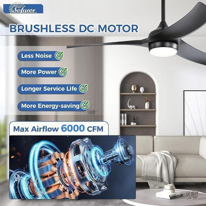 Sofucor 52 Inch Smart Ceiling Fan, Work with App/Alexa/Google, Outdoor Black Ceiling Fan with Lights Remote Control, Airflow 6000CFM ABS 3 Blade Reversible DC Motor for Bedroom Living Room Patio