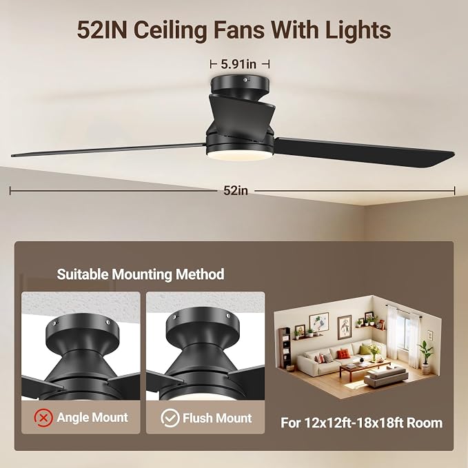 52 Inch Ceiling Fans with Lights, Remote Control, 3CCT, Dimmable&Adjustable Wind Speed, Timer Function, Reversible, Quiet, Energy-Saving Ceiling Fan with Light for Bedroom, Living Room Indoor/Outdoor