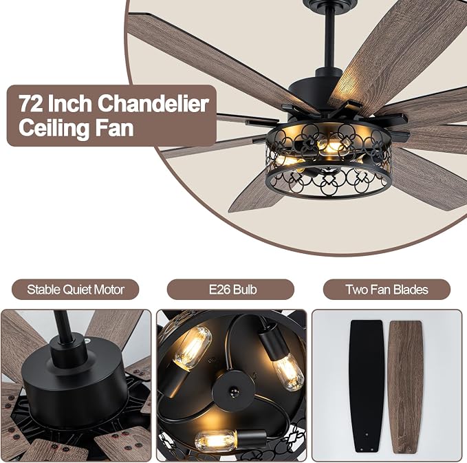 72 Inch Ceiling Fan with Light Farmhouse Ceiling Fan Rustic Caged Chandelier Fan for Living Room Bedroom Patio