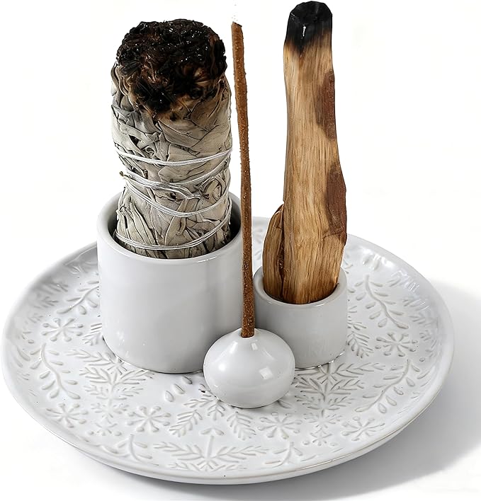 5 in 1 Incense Holder Burner, 5.9" Ceramic Holder for Burning Palo Santo Sage Candle and Incense Sticks Cones, Ash Catcher Tray for Meditation Room Home Décor (White)