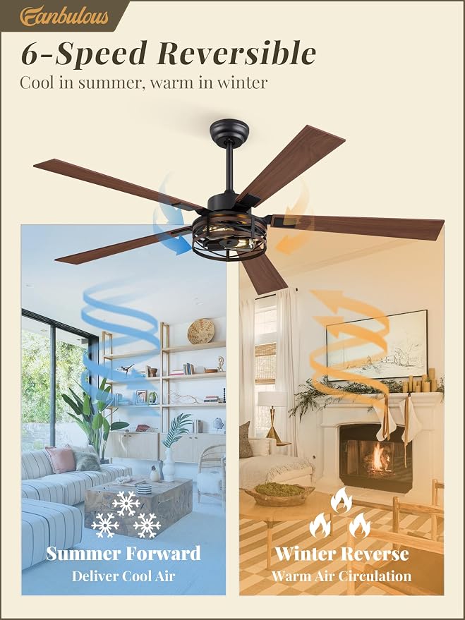 Farmhouse Ceiling Fans with Light, 60 Inch Bedroom Ceiling Fan with Lights, 6-Speed Adjustable, Quiet and Reversible DC Motor, Dual Finish 5 Blades, Rustic Caged Black Ceiling Fan for Living Room