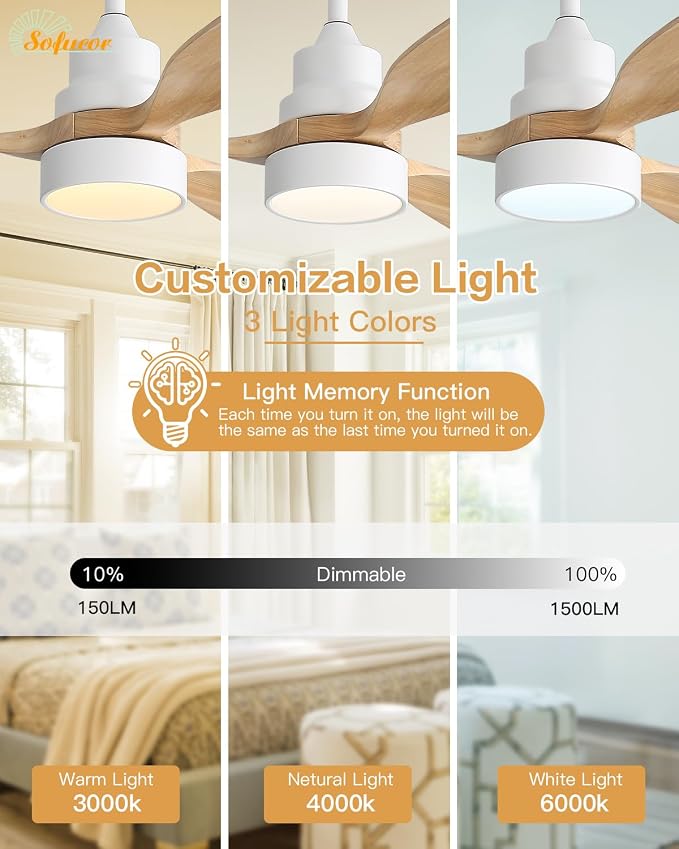 Sofucor 48 Inch Smart Ceiling Fans with Lights-Flush Mount & Downrod Mount Modern Outdoor Ceiling Fans with Alexa/Google Assistant/APP/Remote Control for Bedroom/Farmhouse/Patio, White & Natural Wood