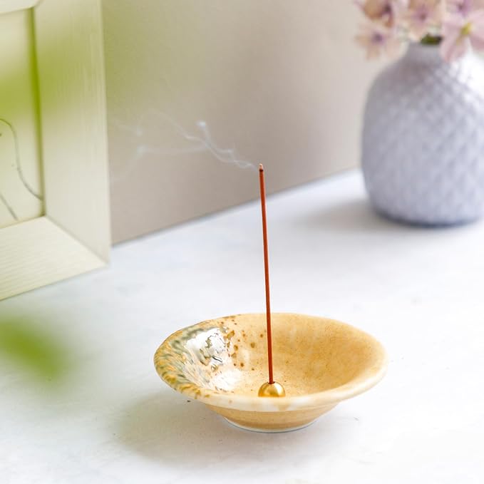 Asayu Japanese Small Incense Holder for Sticks 4.88 inch (124mm), Traditional Made in Japan Ceramic Ash Catcher and Brass Incense Burner Set - Light Orange