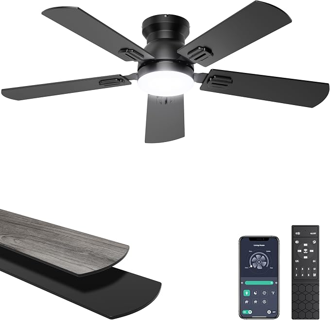 Ohniyou Ceiling Fans with Lights, 42 Inch Low Profile Ceiling Fan with Light and Remote/APP Control, Flush Mount, Dimmable, Quiet DC Motor, Black Small Indoor Ceiling Fan for Bedroom, Kitchen