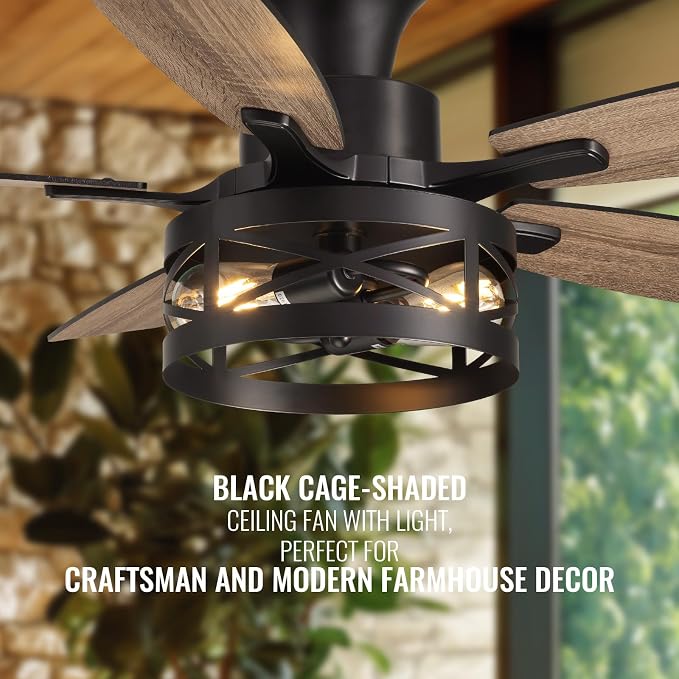 42 Inch Flush Mount Ceiling Fans with Lights and Remote, Farmhouse Low Profile Ceiling Fan with LED Lighting for Bedroom Living Room and Patio, Black Caged Ceiling Fan for Indoor and Outdoor(NO Bulbs)