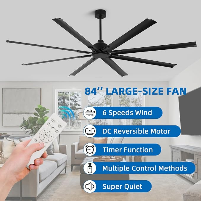 84 Inch Industrial Ceiling Fans without Lights, Large Ceiling Fan with 8 Reversible Aluminum Blades, 6-Speed Remote Control, Home or Commercial Ceiling Fan for Porch, Garage, Shop