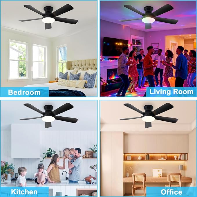 Depuley Ceiling Fan with RGB Light: 42-Inch Black Small Fans for Bedroom Indoor Outdoor - Dimmable Low Profile Ceiling Fans with Remote Control Flush Mount 5 Reversible Black Blades 6 Speeds Timer