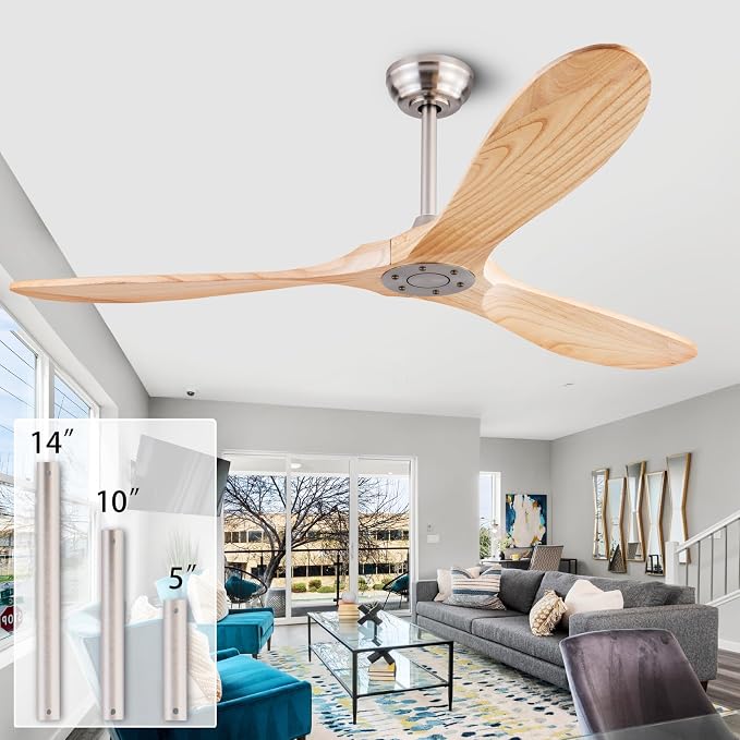 QUTWOB 60" 3-Blade Wood Ceiling Fan No Light with Remote, Indoor Outdoor | solid raw wood blades, quiet dc inverter motor, 6-speed reversible remote, no light, for indoor outdoor patio garage