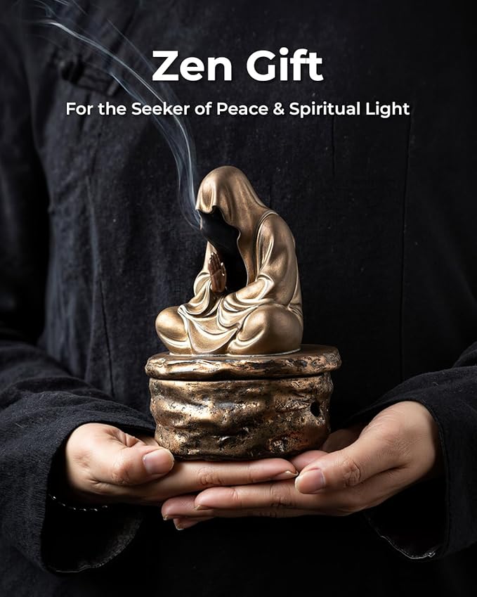 Ceramic Incense Burner for Cone & Coil – Faceless Buddha Statue for Protection, Evil Spirit Cleansing & Zen Meditation, Home Decor to Ward Off Negativity