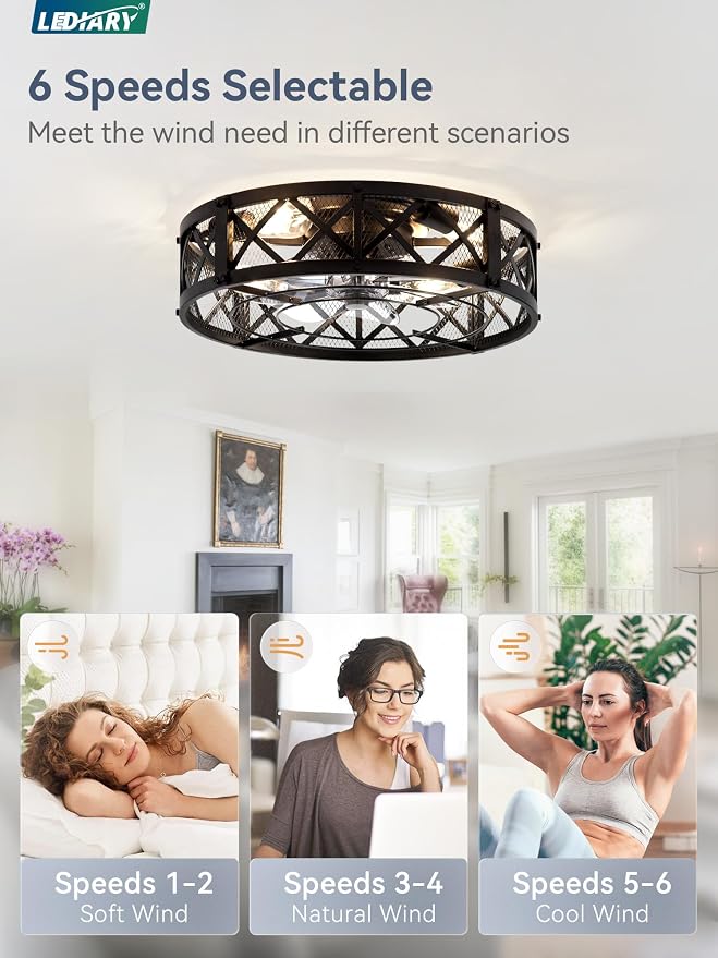 LEDIARY 20" Caged Ceiling Fan with Light, APP&Remote Control, Small Flush Mount Farmhouse Fan Lights, Low Profile Rustic Bladeless Ceiling Fan Fixtures for Bedroom, Kitchen-Black Color