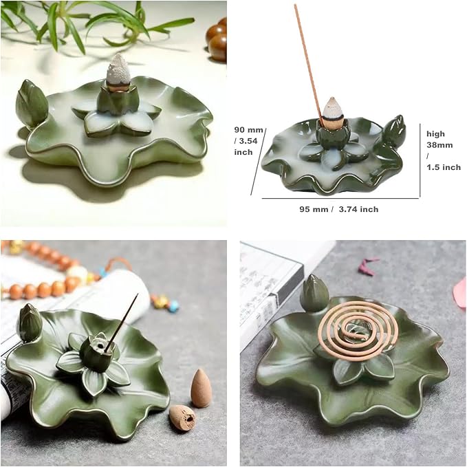 Ceramic Lotus Waterfall Backflow Incense Burner, Aromatherapy Meditation Incense Holder for Home Decor, Fits Sticks Cones Coils, Perfect Zen Gift for Yoga & Relaxation