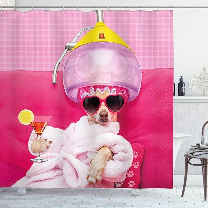 Ambesonne Funny Shower Curtain, Chihuahua Dog Relaxing and Lying in Wellness Spa Fashion Puppy Comic Print, Cloth Fabric Bathroom Decor Set with Hooks, 69" W x 75" L, Pink Magenta