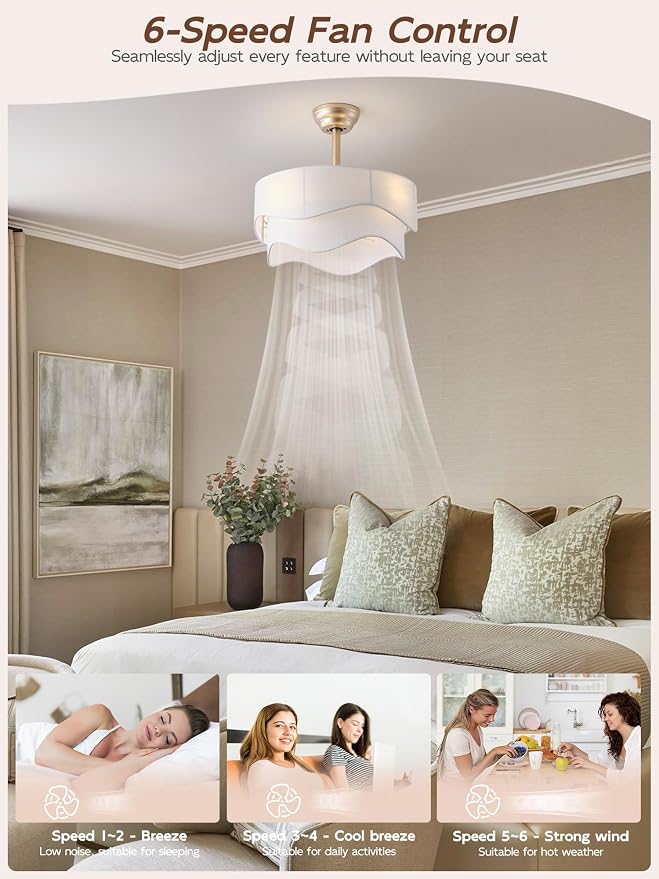 20" Boho Fandelier Ceiling Fans with Lights, Gold Fandelier Ceiling Fans with Light Remote Control, Fabric 6 Speeds Reversible for Bedroom, Living Room, Nursery, Kitchen (White)