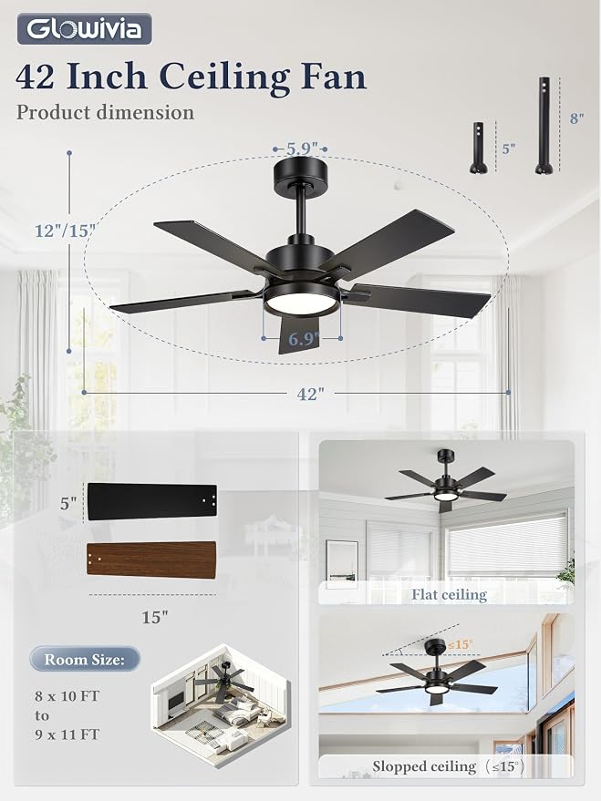 42 Inch Ceiling Fan with Lights and Remote,Smart APP Control | Dimmable LED,3CCT,Smart Memory Function,Quiet DC Motor,Dual-Finish Reversible Blades,Damp Rated,6 Adjustable Speeds,Timer