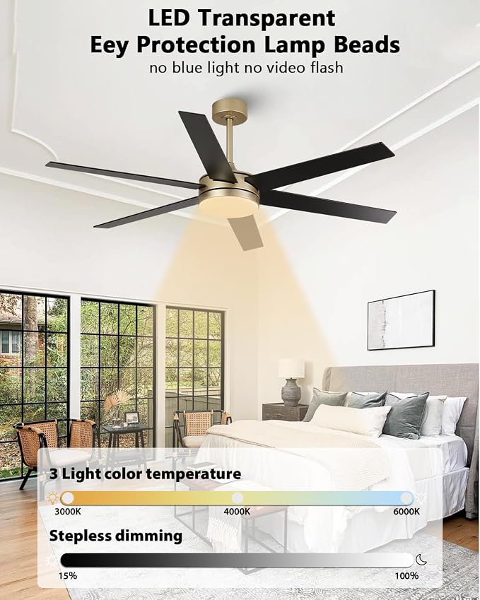 60 Inch Gold Ceiling fans with Lights and Remote/APP, Modern Large Black and Gold Ceiling Fan for Living Room Patio Shop with 3CCT, 6 Speeds, Timer, 5 Blade Indoor Outdoor Sleek Brass Fandelier