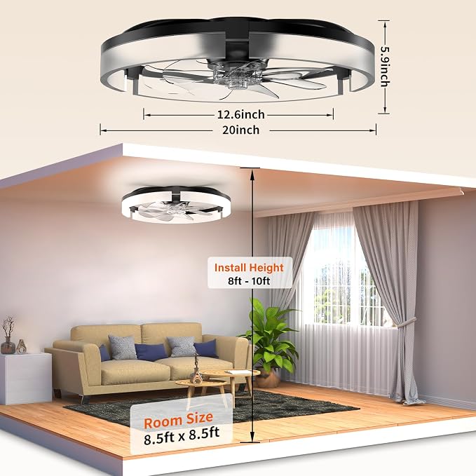 Ceiling Fans with Lights and Remote, 20'' Low Profile Ceiling Fan with APP Control, 3000K-6500K Dimmable, Quiet Reversible DC, Modern Flush Mount Fandelier for Bedroom (Black-Frosted)