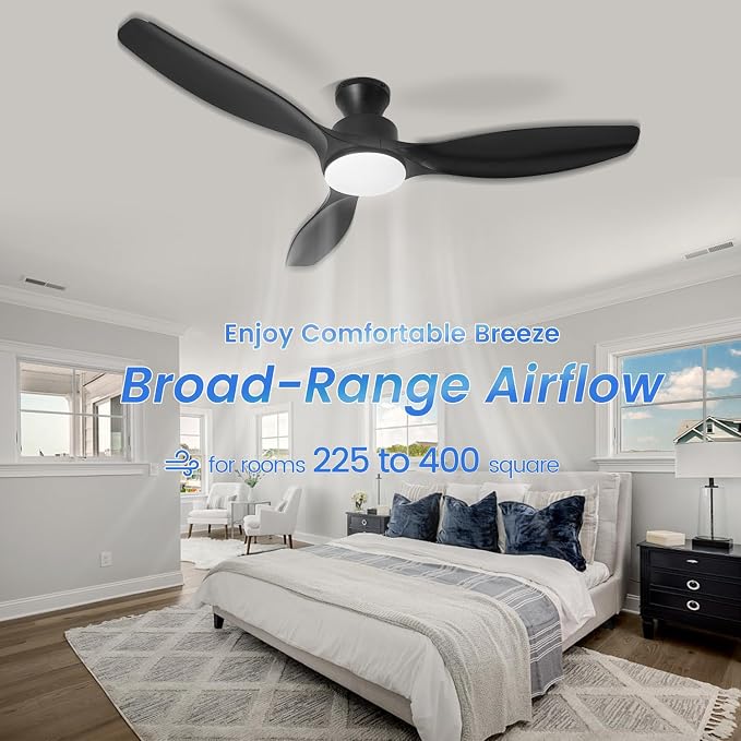 52" Ceiling Fan with Light and Remote, Flush Mount Ceiling Fan with 3 Blades, Low Profile Fan, 6 Speed, Queit DC Motor, Black Fan for Bedroom/Indoor/Outdoor/Living Room