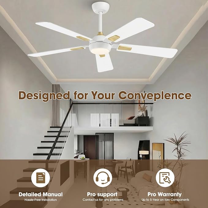 52 Inch White Ceiling Fan with Light and Remote, Modern Ceiling Fan with 6-Speed Reversible Motor, Dimmable LED 3CCT for Bedroom Living Room Apartment